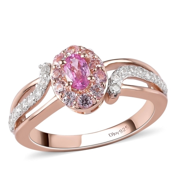 D'Joy Jewelry - Natural Pink Sapphire & White Zircon Halo Ring in 14k Rose Gold/925 Size 7.5!